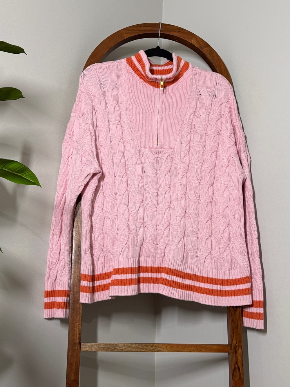 Lands' End XL 18 Pink 1/4 Zip Cable Knit Pull Over Drifter Sweater